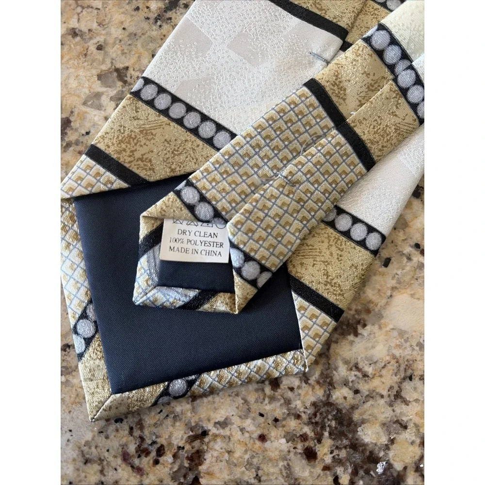 Fratello Hand Made Geometric Abstract Mens Tie Size OS Gold Cream Black Tie